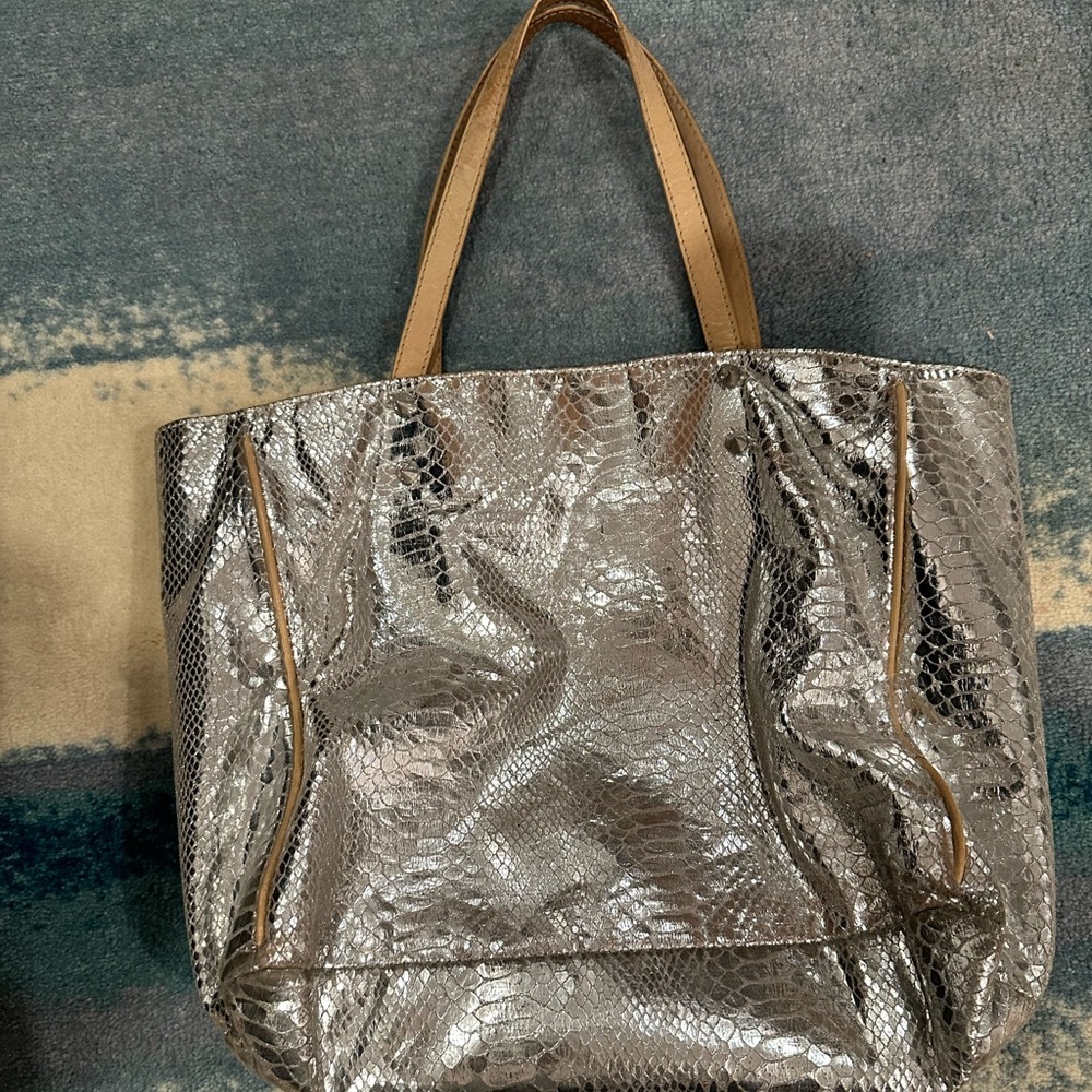 Sam Edelman shoulder bag purse metallic silver hobo tote croc embossed - Picture 1 of 8